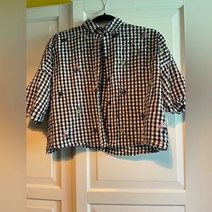 Topshop Embroidered Gingham Button Up Blouse